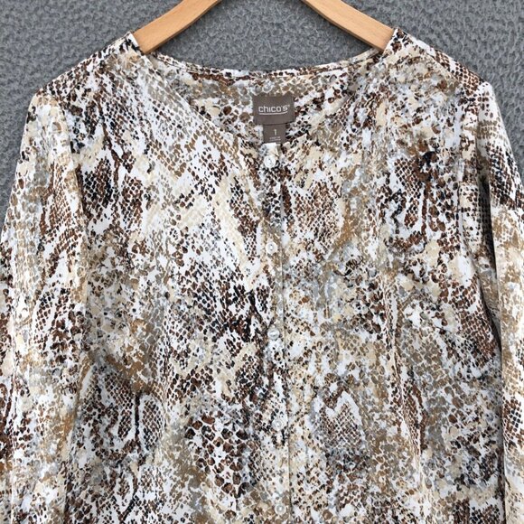 Chicos Top Womens 1 US Medium Beige Silky Chic Neutral Python Tunic Snake Blouse - Picture 2 of 10